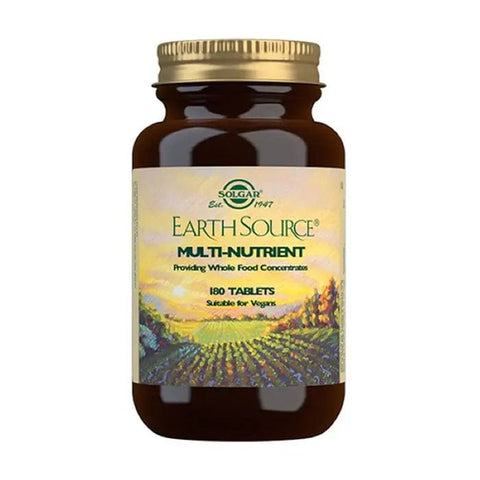 Solgar Earth Source supplement bottles with 180 tablets, featuring natural health products by Jag Couture London New York