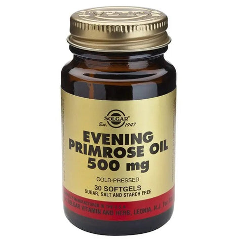 Solgar Evening Primrose Oil 500mg softgels in a bottle, natural supplement for skin and hormonal balance.