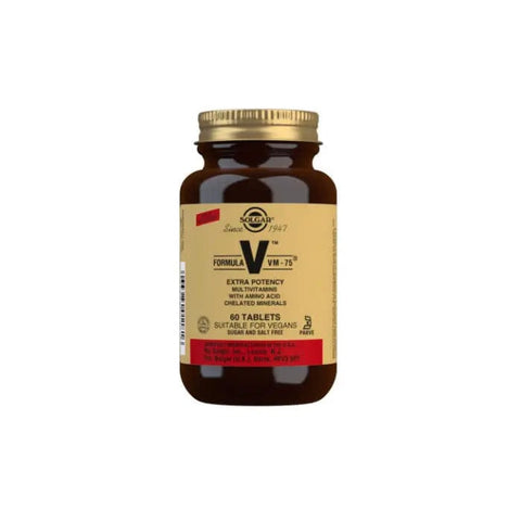 Solgar Formula VM-75 multivitamin tablets in a pack of 60, with a label showing vitamins and supplement details.