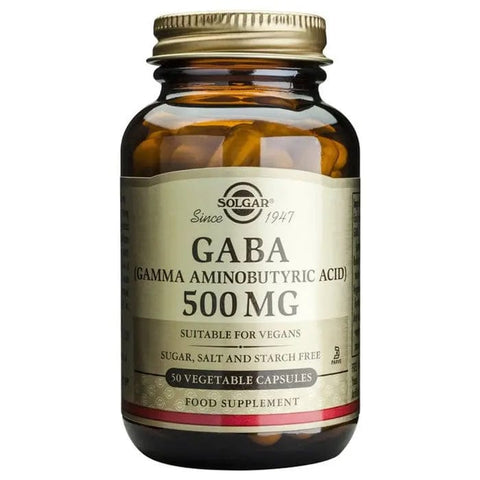 Bottle of Solgar Gaba 500mg capsules by Jag Couture London with 50 capsules in clear container on a white background.