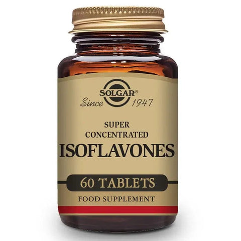 Solgar Isoflavones Concentrate 60 tablets, dietary supplement for hormonal balance, with packaging shown in the image.