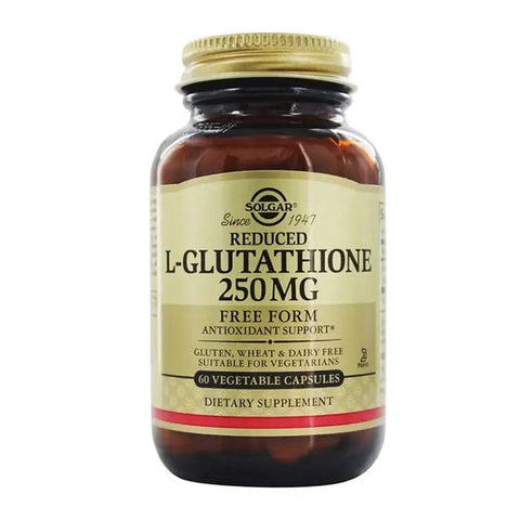 Jag Couture London - New York Solgar L-Glutation 250mg capsules in a clear bottle with a white label and black cap.
