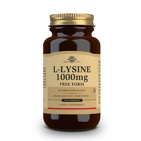 Solgar L-Lysine 1000mg supplement in 250 capsules, displayed in a bottle with label, from Jag Couture London - New York.