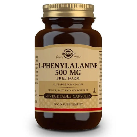 Solgar L-Phenylalanine 500mg supplement in 50 capsules, natural dietary amino acid from Jag Couture London New York.