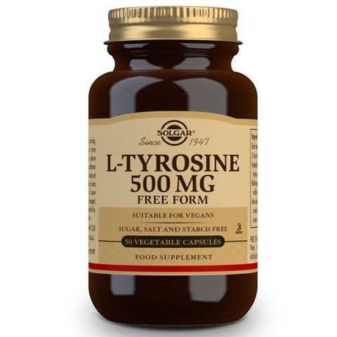 Solgar L-Tyrosine 500mg capsules in a bottle, dietary supplement from Jag Couture London - New York, with 50 capsules.