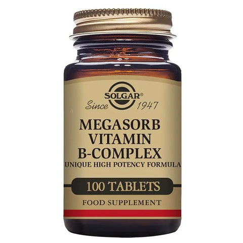 Solgar Megasorb B Complex 50 supplement bottles by Jag Couture London featuring 100 tablets of B vitamin complex.