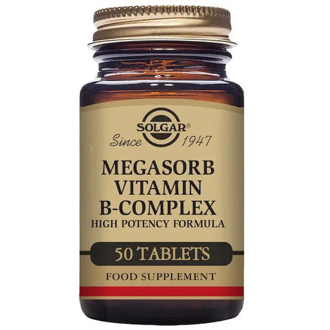 Solgar Megasorb Vitamin B-Complex 50 tablets in a white container with orange and blue label, on a plain background.