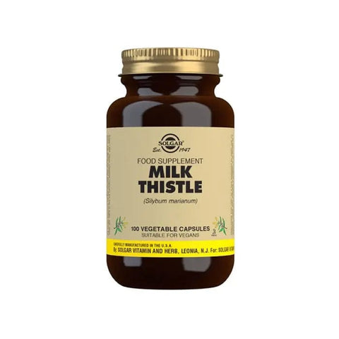 Solgar Milk Thistle 100 capsules in a bottle, dietary supplement for liver health, from Jag Couture London New York.