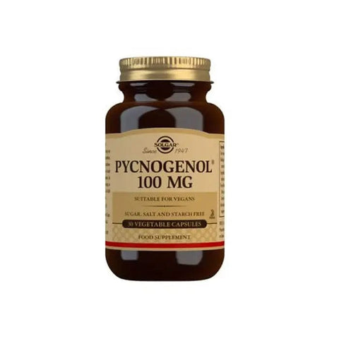 Solgar Pycnogenol 100mg capsules, a dietary supplement, shown in a bottle with 30 capsules on a neutral background.