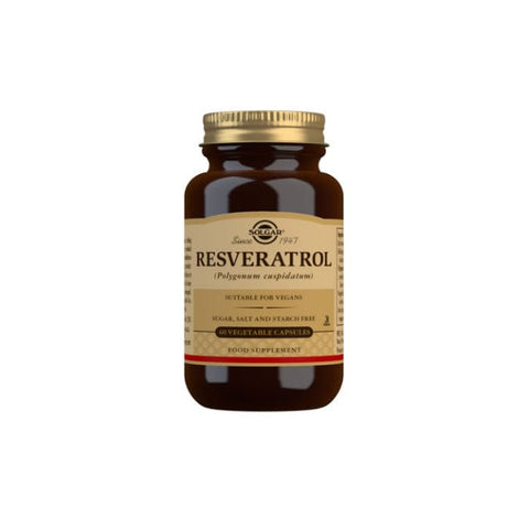 Solgar Resveratrol 100mg capsules by Jag Couture London New York, showing a bottle of supplement capsules on a white background.