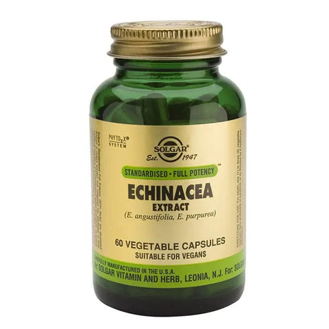 Solgar SPF Echinacea Extract 60 capsules bottle, dietary supplement for immune support, with label showing capsules and branding.