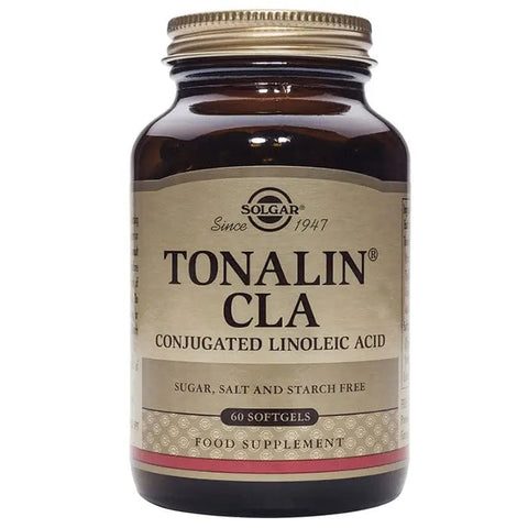 Solgar Tonalin CLA 60 softgels in a bottle, dietary supplement for weight management and muscle support.