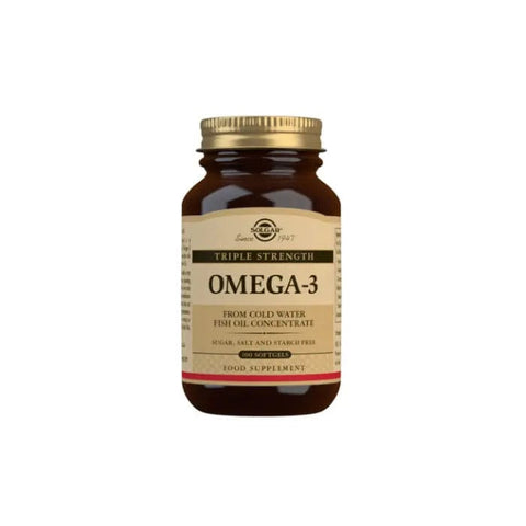 Solgar Triple Strength Omega-3 Softgels, pack of 100, featuring clear softgel capsules filled with omega-3 oil.