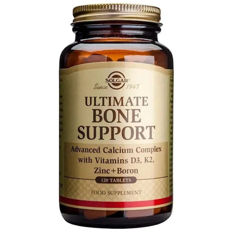Solgar Ultimate Bone Support supplement in 120 tablets, featuring tablets arranged in a bottle for healthy bone strength.