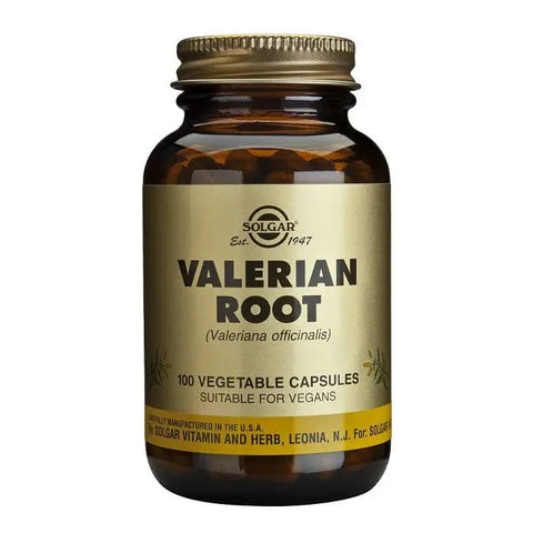 Solgar Valerian 100 capsules in a bottle, dietary supplement for relaxation, branded by Jag Couture London New York.