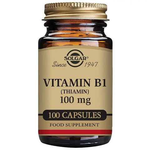 Jag Couture London New York Solgar Vitamin B1 100mg capsules, close-up view showing the supplement bottle and label.