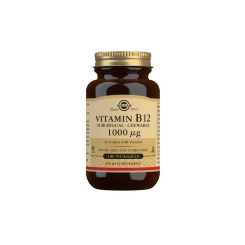 Solgar Vitamin B12 1000μg chewable tablets in a bottle, dietary supplement, with orange-flavored chewables on the label.