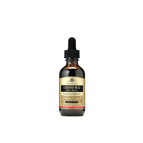 Solgar Vitamin B12 with B-Complex liquid supplement in a 59ml bottle, featuring vibrant packaging and dropper for easy use