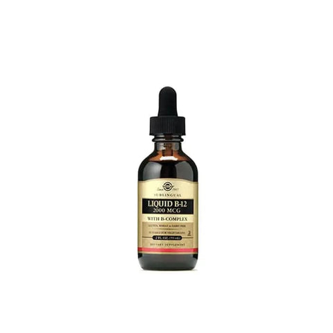 Jag Couture London New York Solgar Vitamin B12 with B-Complex liquid bottle, 59ml, supplement for energy and nerve health.