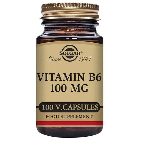 Solgar Vitamin B6 100mg capsules in a bottle, dietary supplement from Jag Couture London - New York.
