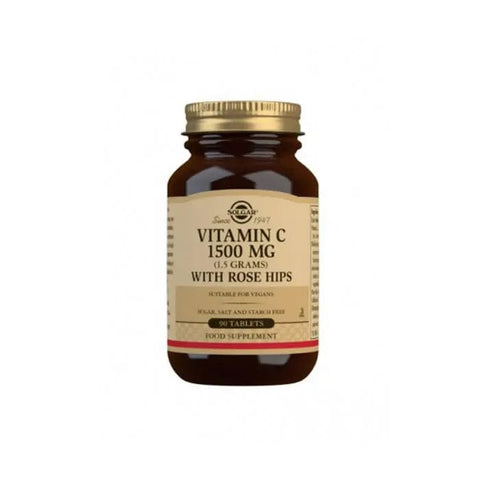 Solgar Vitamin C 1.5g tablets with rose hip from Jag Couture London - New York, showing the container and tablets inside.