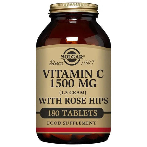 Jag Couture London New York Solgar Vitamin C 1500mg 180 tablets, showing the supplement bottle with label and tablets inside.