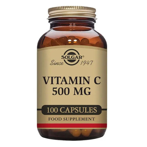 Solgar Vitamin C 500mg capsules in a bottle, highlighting the supplement's packaging and product details.