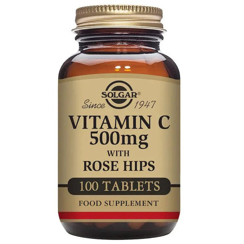 Solgar Vitamin C Rose Hips 500mg supplement in a bottle with 100 tablets, featuring natural rose hips imagery.