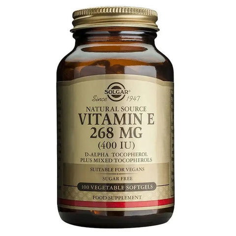 Solgar Vitamin E 268mg 400 IU softgel pearls in a bottle, dietary supplement by Jag Couture London - New York