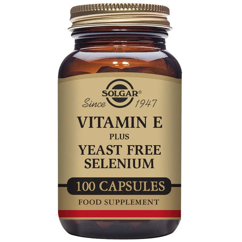 Solgar Vitamin E with Selenium capsules, dietary supplement, in a bottle with 100 capsules, by Jag Couture London New York
