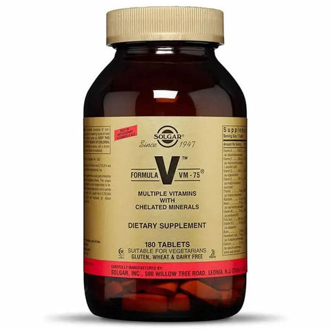Solgar VM-75 multivitamin tablets in a bottle, 180 count, from Jag Couture London New York, showing the label and tablets inside