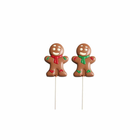 Solid decorated milk chocolate gingerbread person lolly by Jag Couture London New York, featuring festive chocolate and gingerbread design.