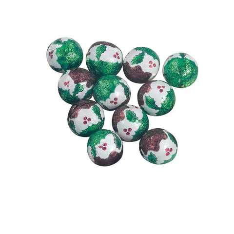 Solid milk chocolate balls in Christmas pudding design foil from Jag Couture London New York, festive holiday treat.