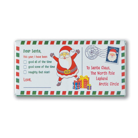 Solid milk chocolate bar by Jag Couture London with a festive letter to Santa design, perfect for holiday treats.