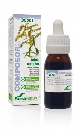 Soria Composor 32 Uricid Complex S by Jag Couture London New York, bottle of dietary supplement with label visible.