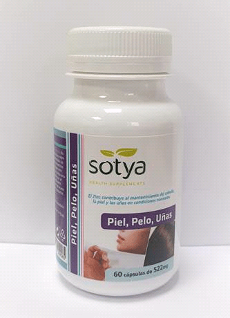 Jag Couture London Sotya Pelo Piel y Uñas 520mg supplement bottle with 60 capsules, featuring product label and packaging.