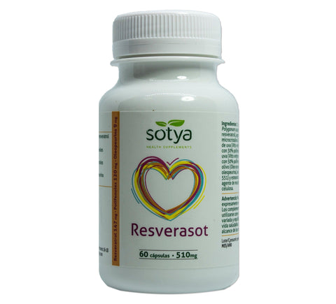 Jag Couture London New York Sotya Resverasot 510 mg supplement in 60 capsules, showing the bottle with label and capsules inside.