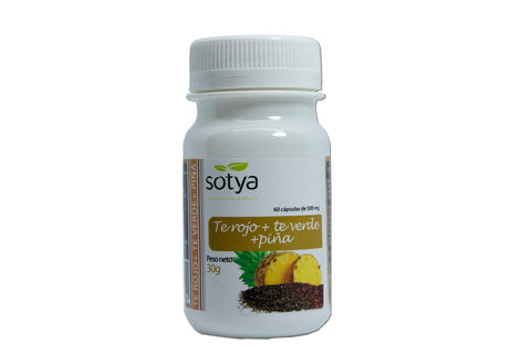 Sotya Te Verde, Te Rojo y Piña dietary supplement capsules by Jag Couture London - New York, 60 soft gel caps.
