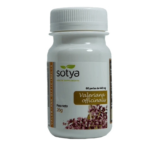 Jag Couture London New York Sotya Valeriana 60 Perlas herbal supplement in a clear glass bottle with white capsules inside.
