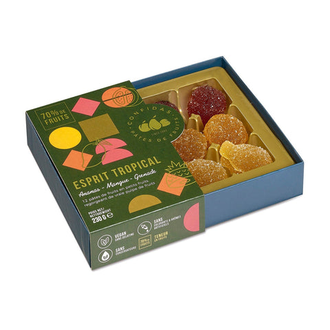 Jag Couture London-New York Spirit of the Tropics gift box with colorful pineapple, mango, pomegranate pâte de fruits.