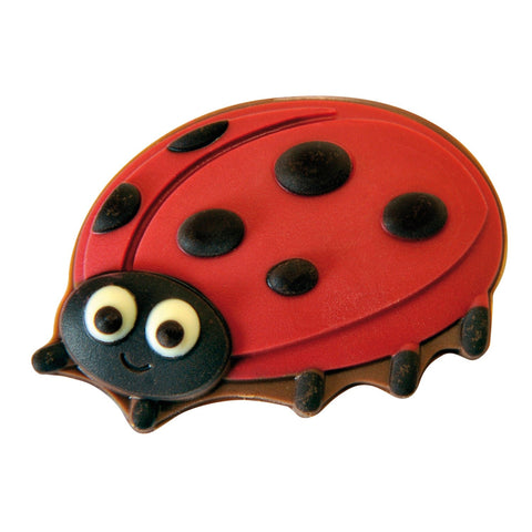 Decorated solid milk chocolate ladybird candies in a box, featuring approximately 33 pieces with colorful ladybird designs.