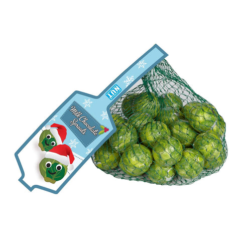 Sprout foiled solid milk chocolate balls in a net, by Jag Couture London - New York, shown in a close-up image.