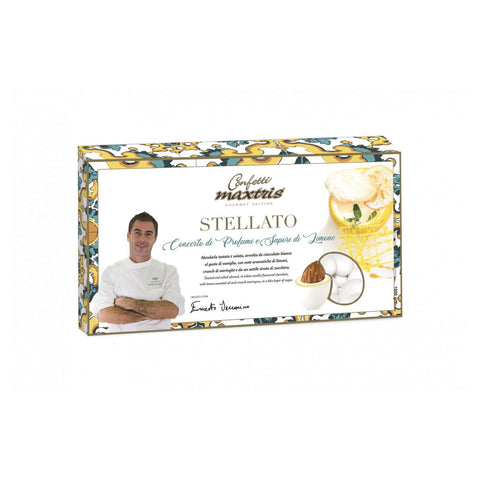 Stellato toasted and salted almonds in vanilla white chocolate with lemon oil and crunchy meringue, by Jag Couture London.