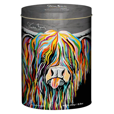 Steven Brown Senga McCoo salted caramel fudge in an oval tin by Jag Couture London - New York, with caramel pieces visible inside.