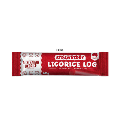 Strawberry flavored licorice log from Jag Couture London New York, showcasing a vibrant, sweet licorice treat with a textured surface.