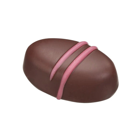 Strawberry fondant cream by Jag Couture London in dark chocolate coating, 10g, showcasing smooth, glossy chocolate exterior.