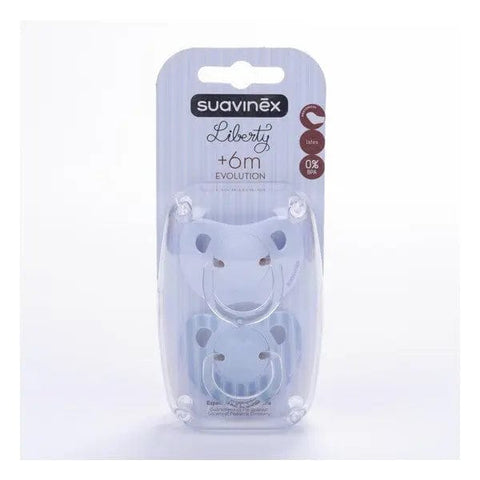 Suavinex™ Chupete Evolution latex pacifier for 6 months, with two units, held by a soft fabric-covered pacifier clip.
