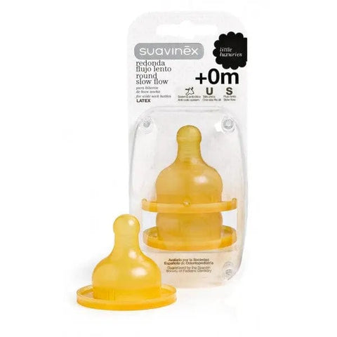 Two Suavinex latex wide-mouth newborn bottles with pink caps from Jag Couture London and New York.