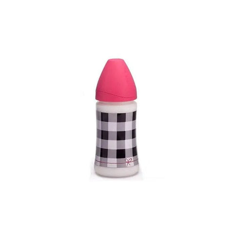 Jag Couture London New York Suavinex premium silicone round teat bottle, 270ml, suitable for 0+ months, with clear label and cap.