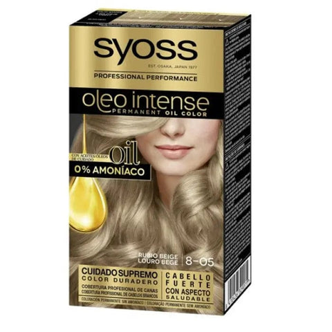 Syoss Oleo Intense permanent hair color in shade 8-05 Beige Blonde, featuring the product tube with color details.